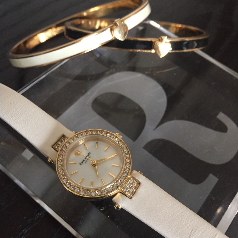 Kate Spade ivory gold rhinestone watch + 2 bangles